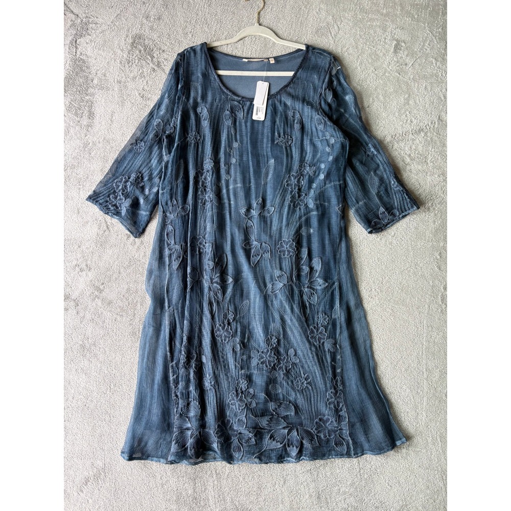 Soft Surroundings NWT Starling Silk Dress Large Blue Floral Embroidered Sheer